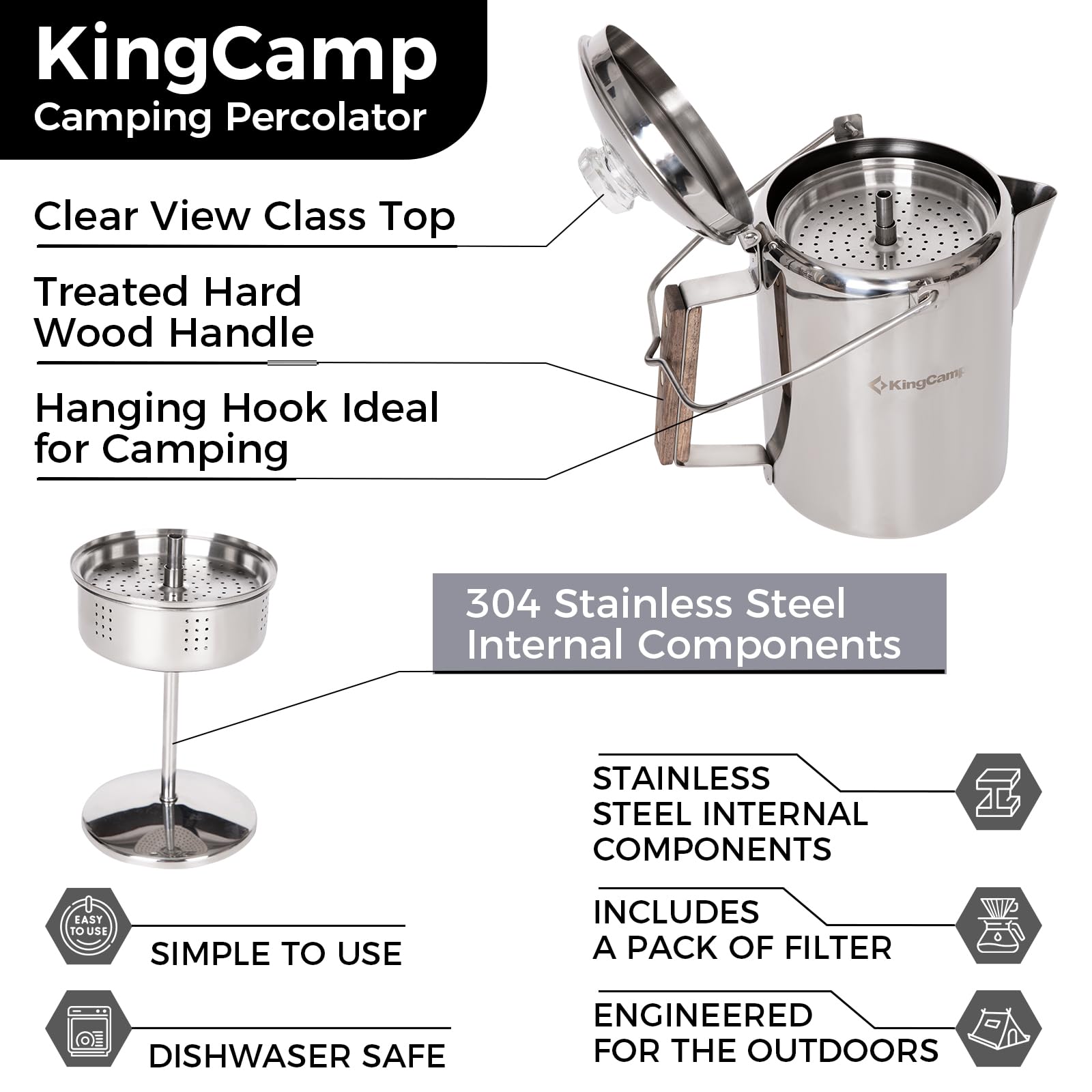 KingCamp 9-Cup Stainless Steel Camping Coffee Percolator