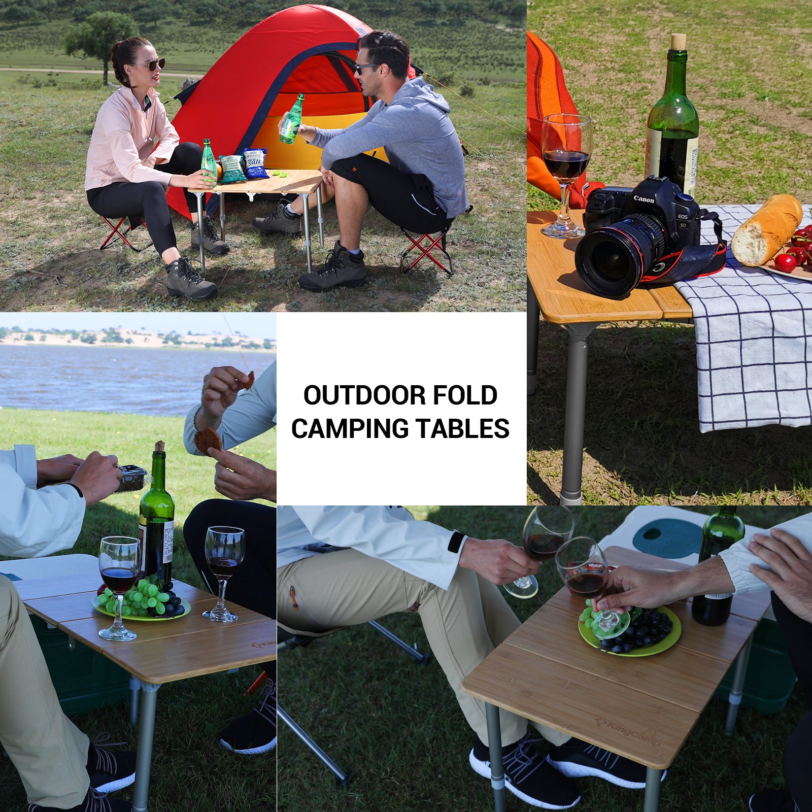 KingCamp Small Adjustable Height 4-Folds Portable Bamboo Table