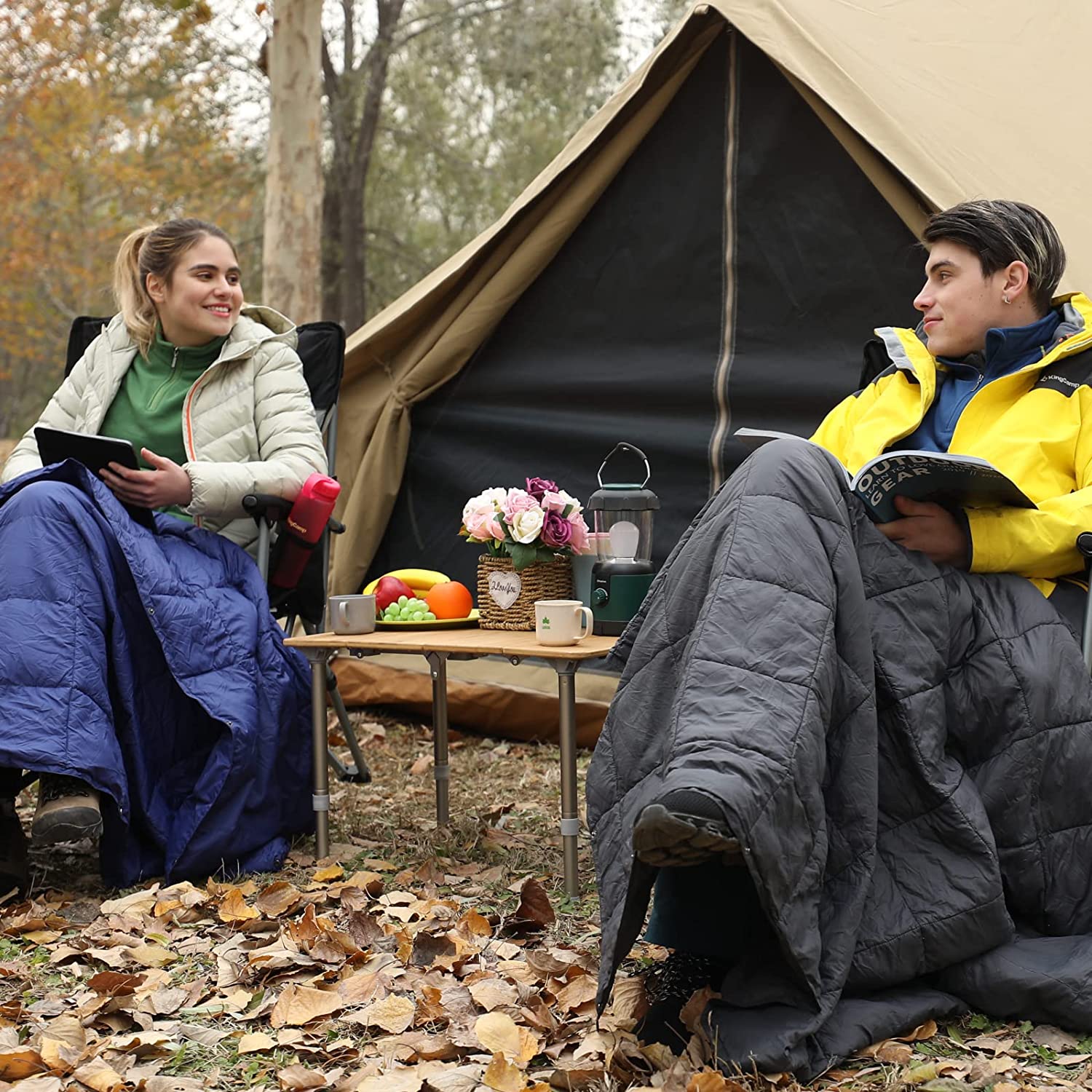 KingCamp Small Adjustable Height 4-Folds Portable Bamboo Table