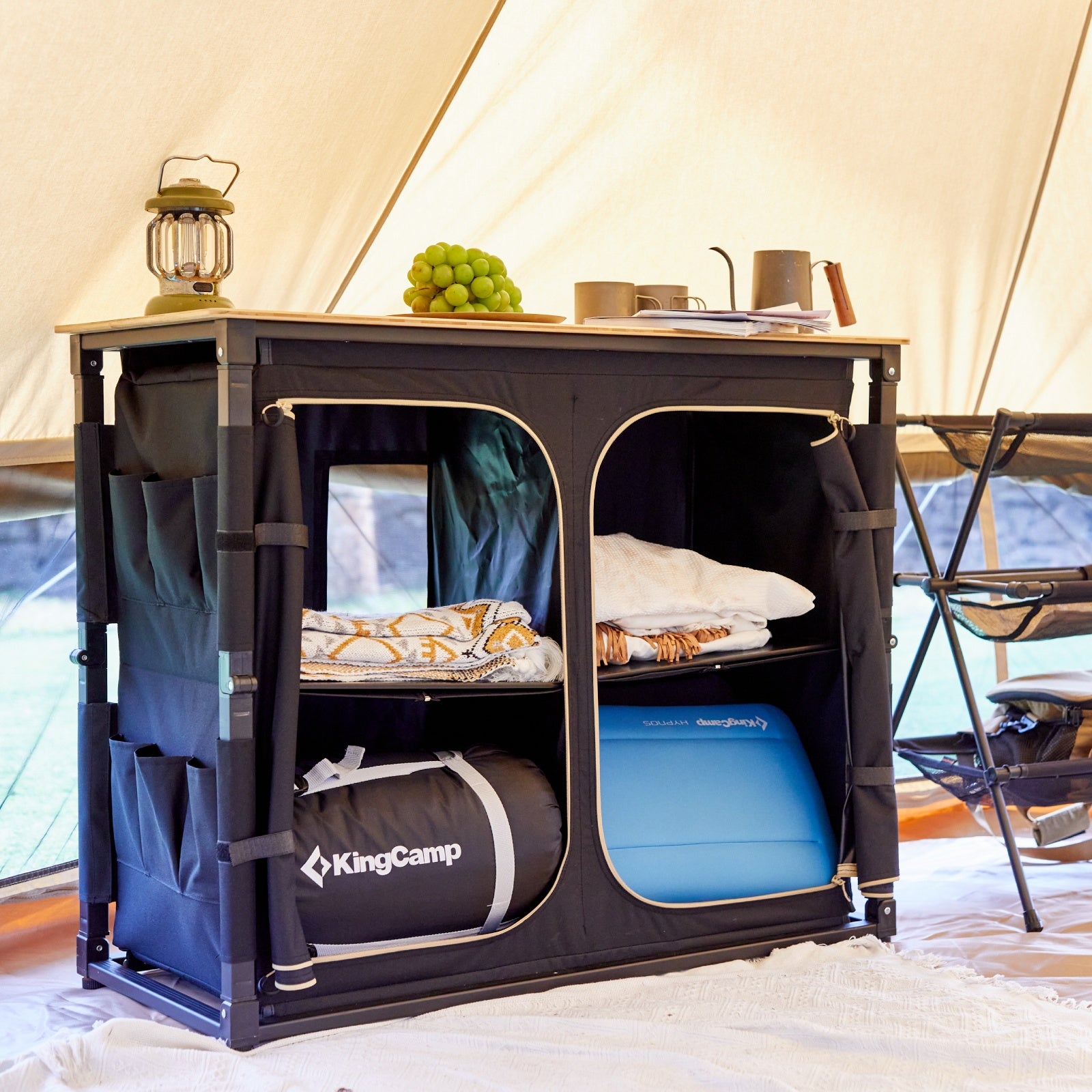 KingCamp Bamboo Camping Kitchen Table with Lantern Stand