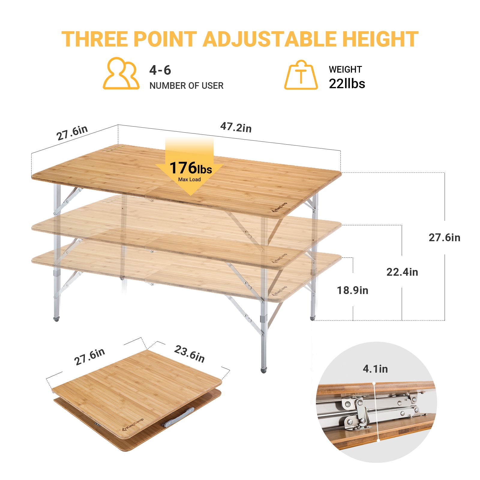 KingCamp Bamboo Folding Adjustable Height Table